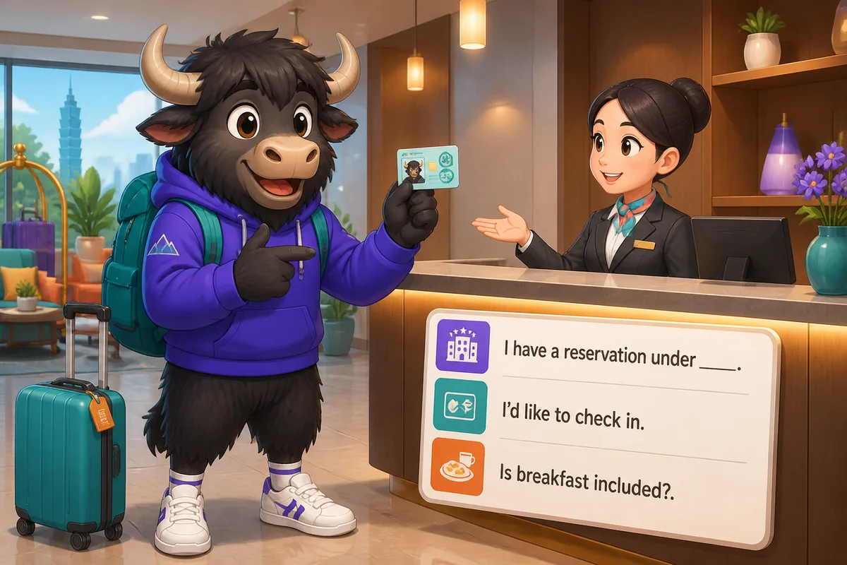 A hotel reception scene in Japan with a friendly staff member and a guest speaking Japanese; topic: hotel accommodation phrases.