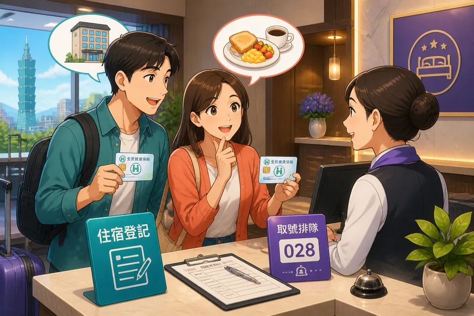 Two guests at a hotel front desk talking to staff about breakfast, Wi‑Fi, and a key problem; scene shows polite interaction in Japanese.
