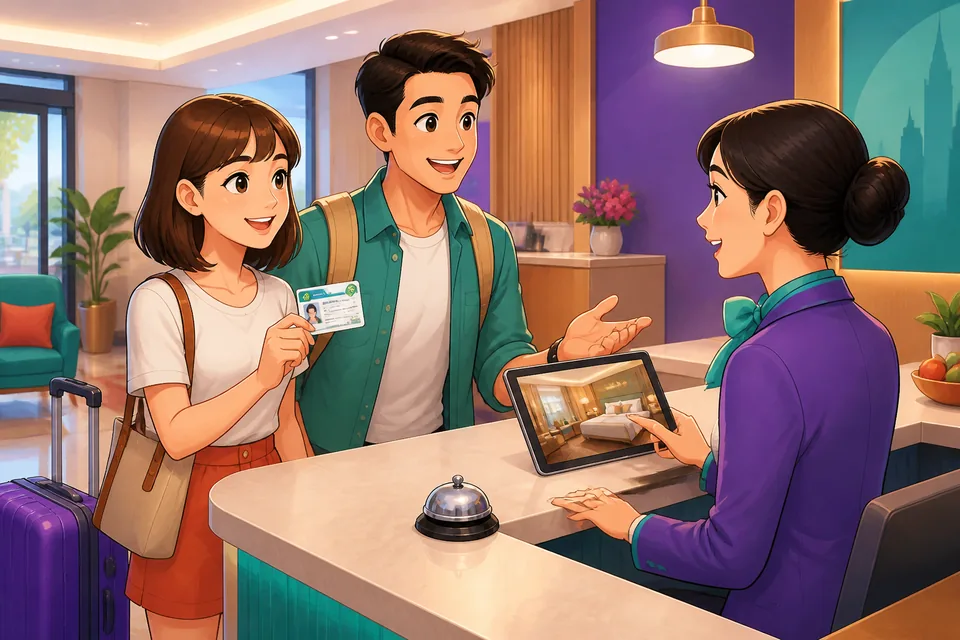 Guest approaching a Japanese hotel front desk to check in, with luggage and reservation confirmation visible; topic: checking in and asking about amenities.