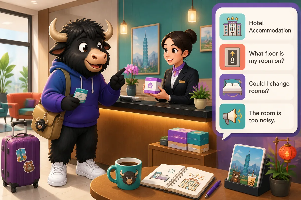 Hotel front desk scene with a guest speaking Japanese; image highlights hotel accommodation phrases in Japanese.