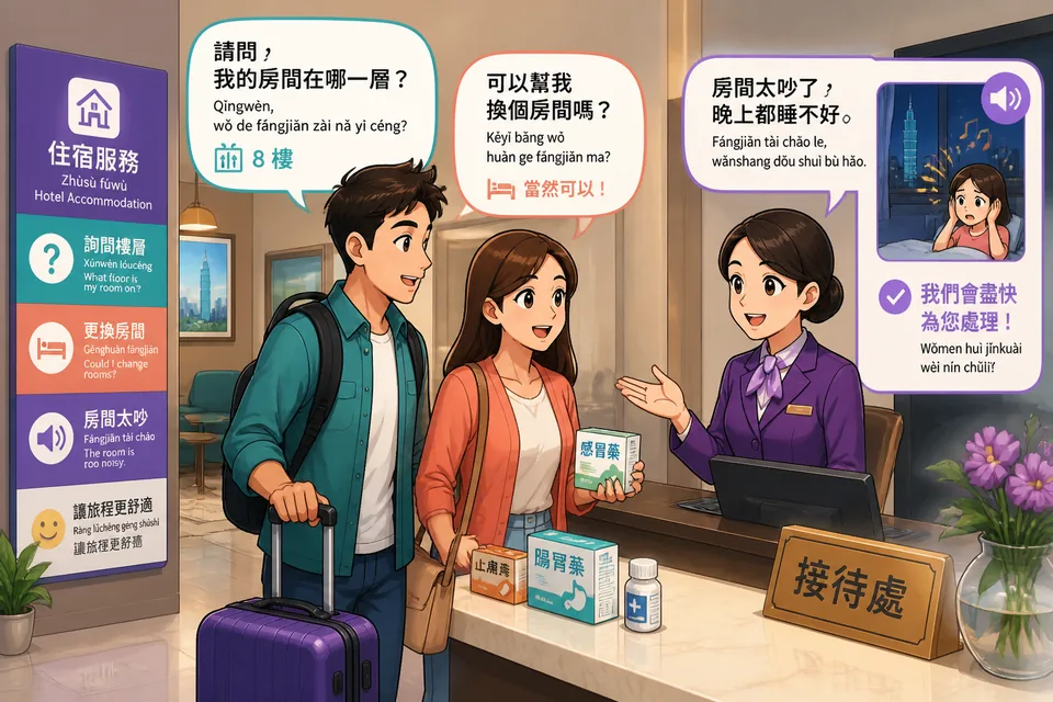 Front-desk staff replying while pointing to a floor directory; the scene shows polite guest-staff interaction in Japanese about rooms and services.
