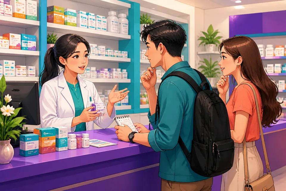A traveler at a hotel reception asking about booking details and room readiness in Japanese.