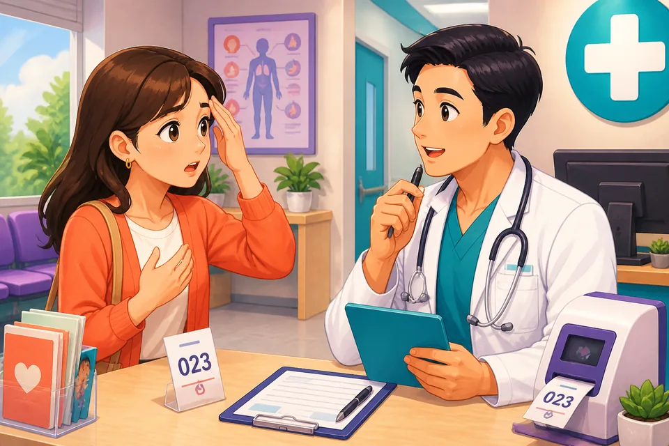 A doctor listens as the patient describes fever, pain location, and how long symptoms have lasted in polite Japanese.