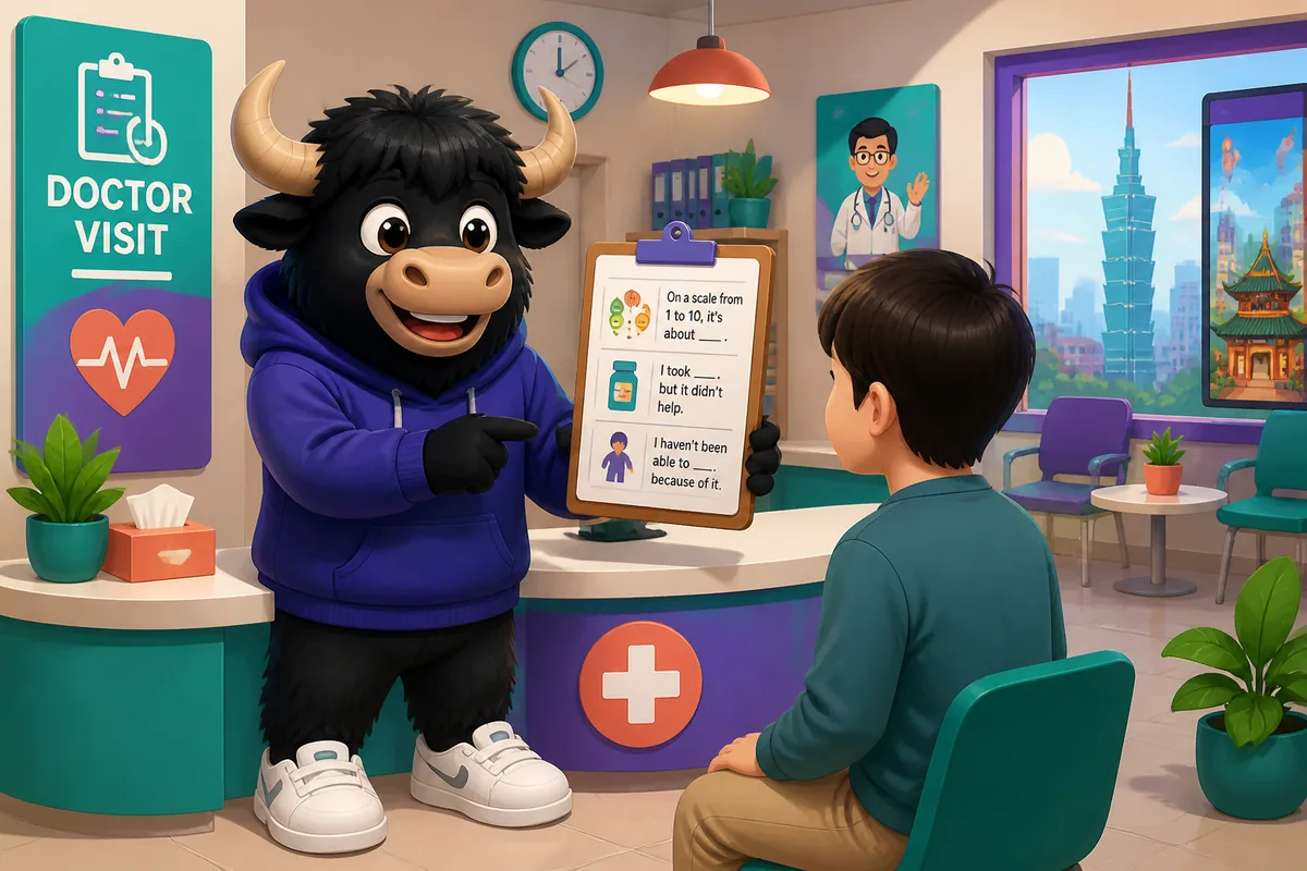 A polite clinic scene in Japan: a patient speaking to a doctor about symptoms; text shows Japanese medical phrases for a doctor visit.