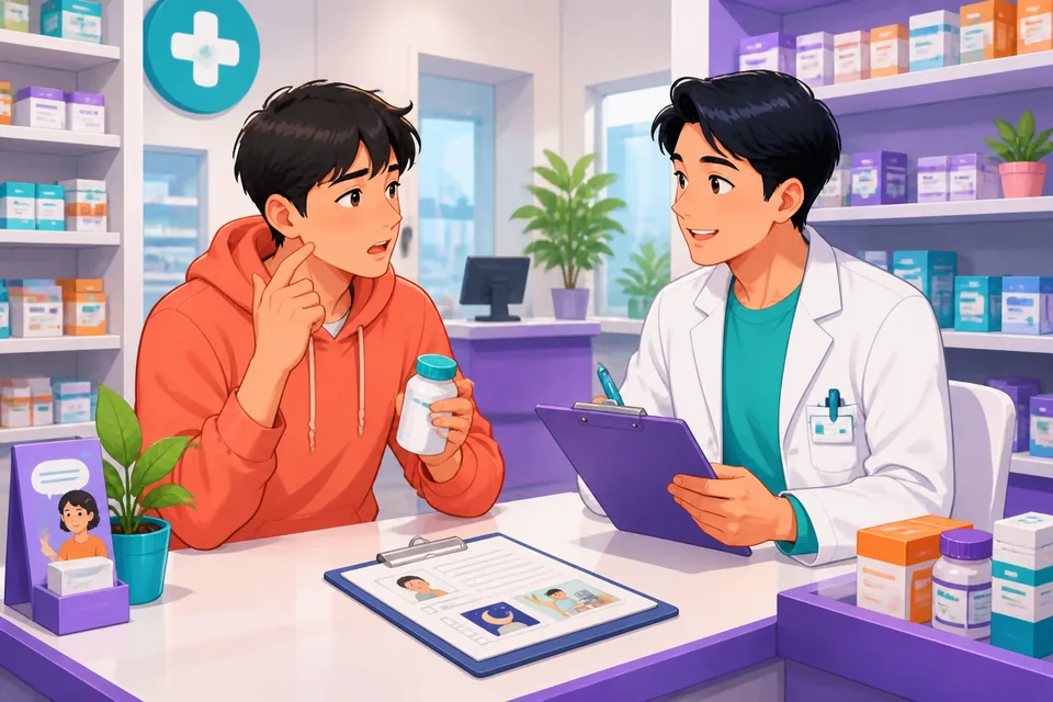 Doctor and patient in an exam room discussing pain level, medicines, tests, and follow-up in Japanese.