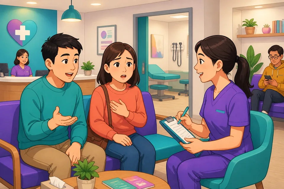 Patient at a reception desk describing recent symptoms in Japanese; friendly clinic atmosphere and medical forms on the desk.