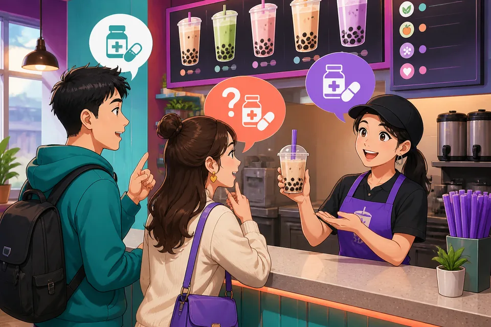 A customer speaking to a pharmacist in Japanese, asking for headache medicine and whether a prescription is needed; bright, helpful scene.