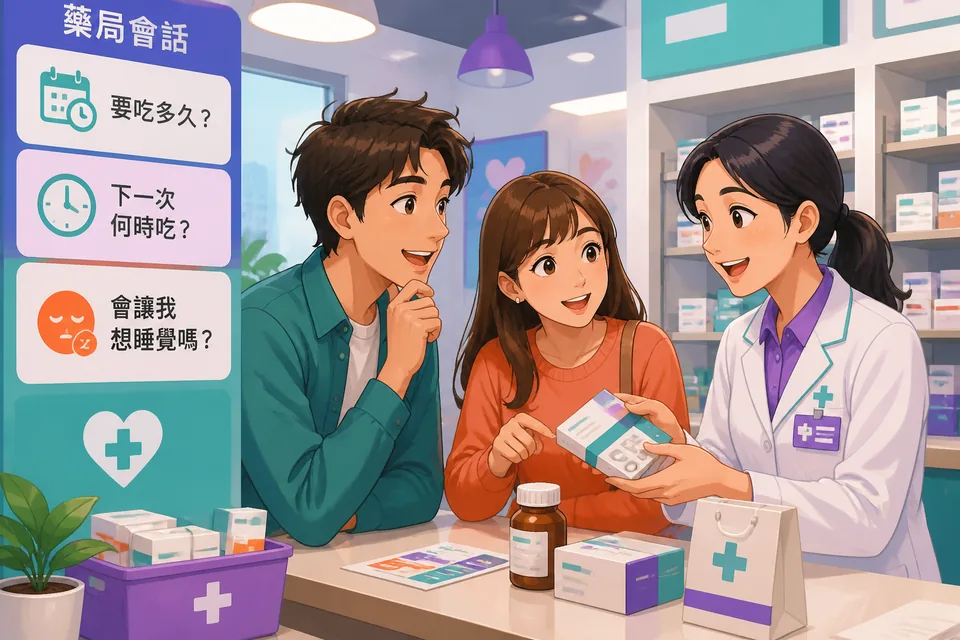 Two people (customer and pharmacist) talking politely in Japanese about doses, refills, and storage of medicine.