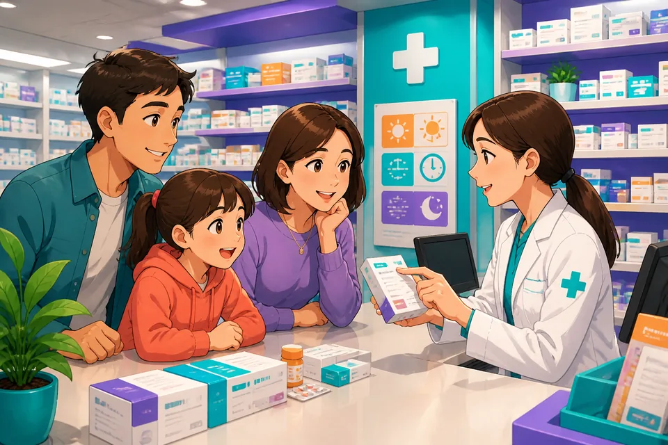 A person arriving at a Japanese pharmacy to pick up a prescription and ask about how to take the medicine.