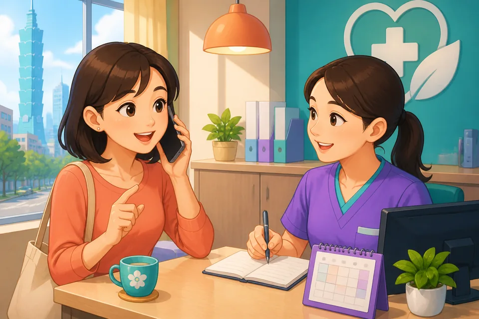 Two people talking at a clinic reception: one asks about available times and confirms the booking in Japanese.