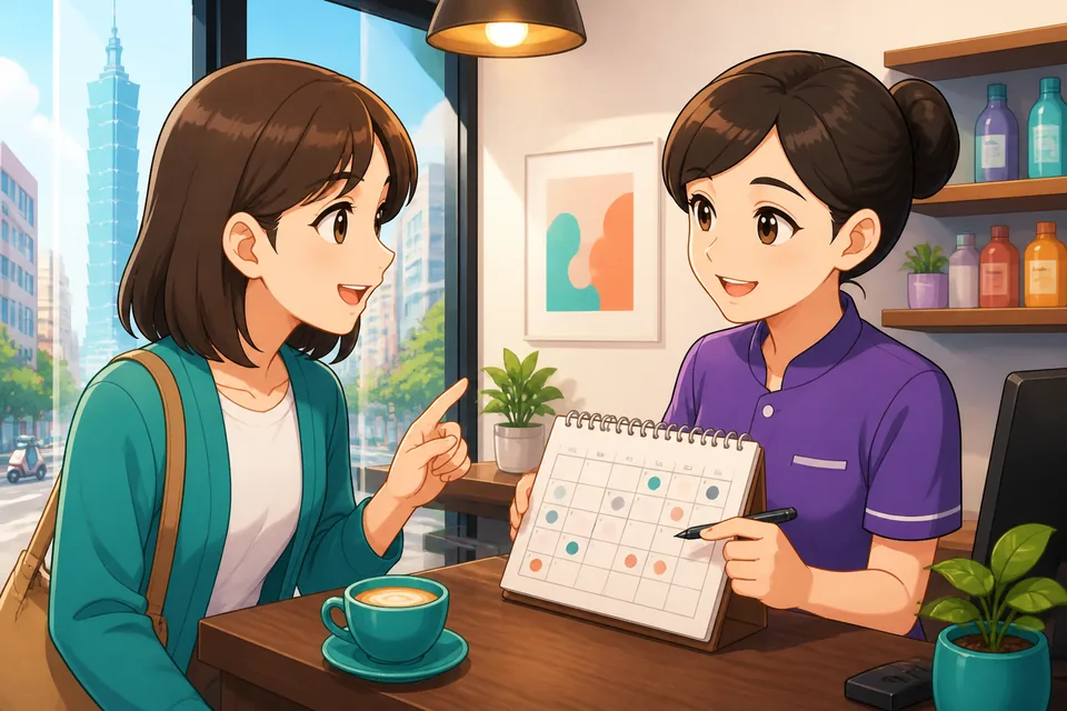 Reception counter scene with a calendar and clock showing scheduling — Japanese appointment conversation.