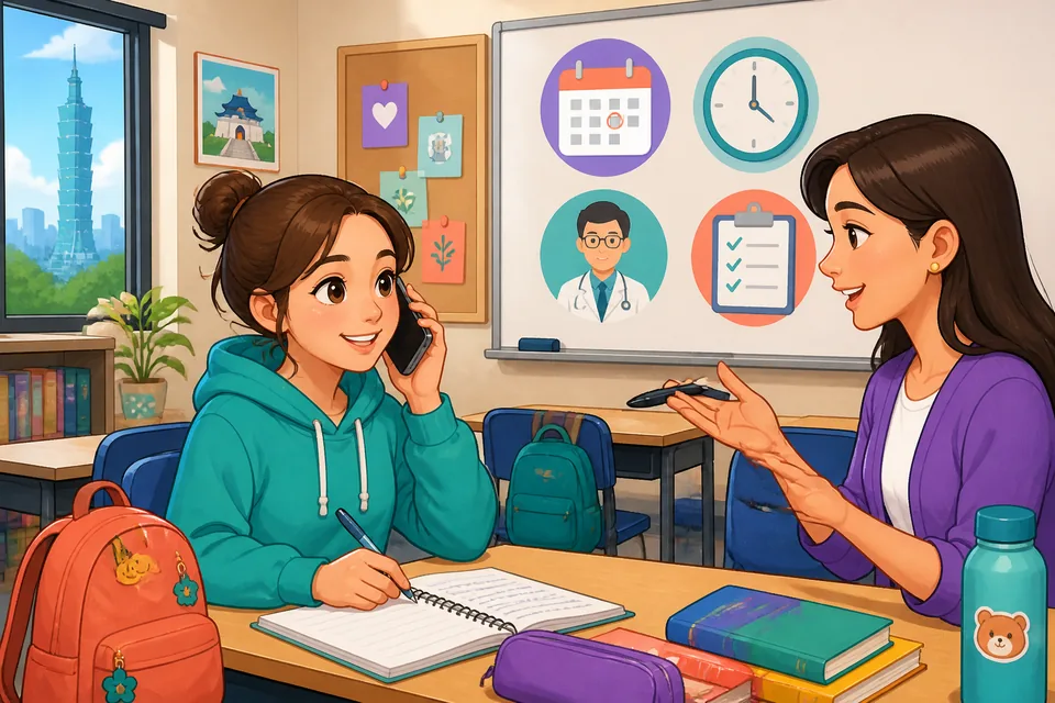 Anna making a polite phone call about an appointment while David checks his calendar; scene shows confirmation and timing phrases in Japanese.