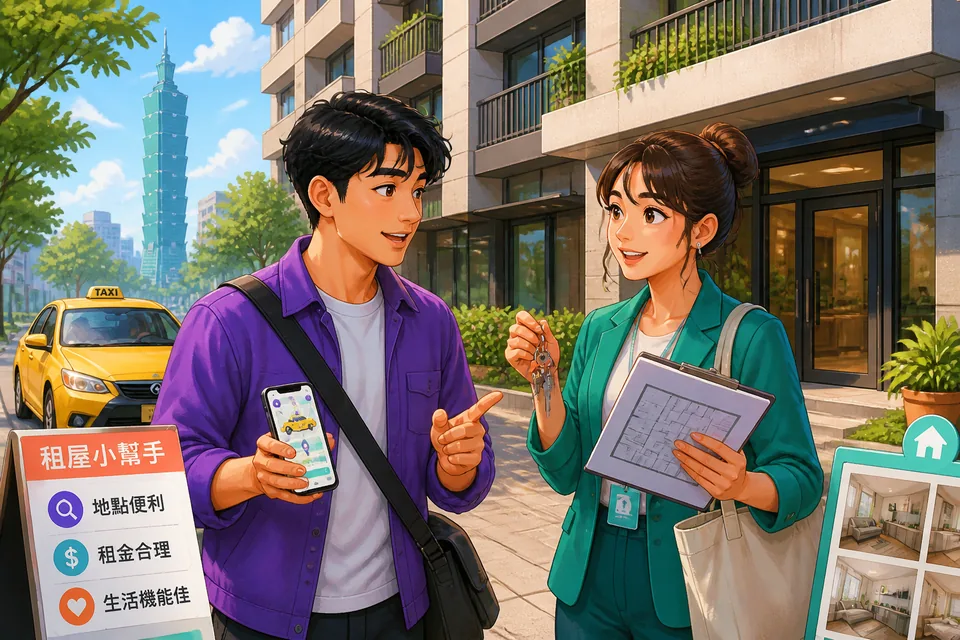 Two people standing near an apartment entrance discussing availability, rent, and arranging a viewing in Japanese.