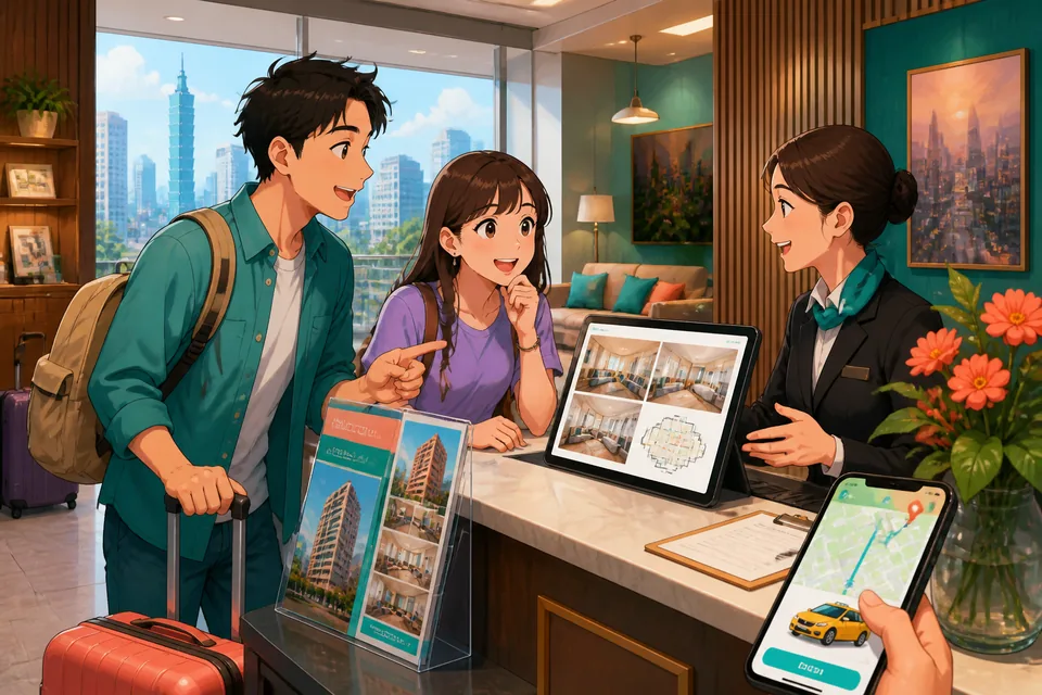 A friendly real-estate agent outside an apartment building in Japan, ready to answer questions about rent and viewings.