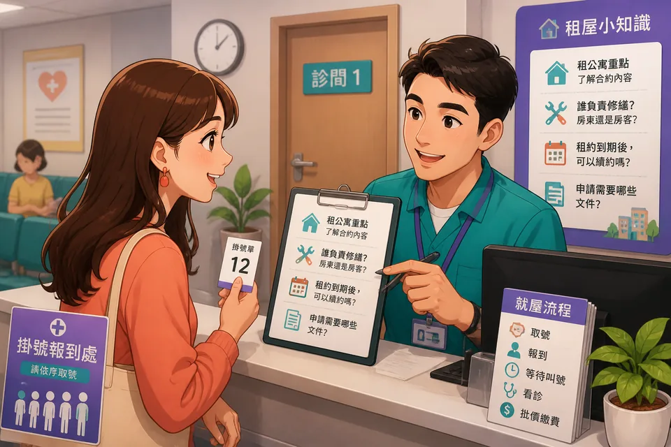 Two people at a rental agency desk discussing contract copies, repairs, and move-out notice in Japanese.