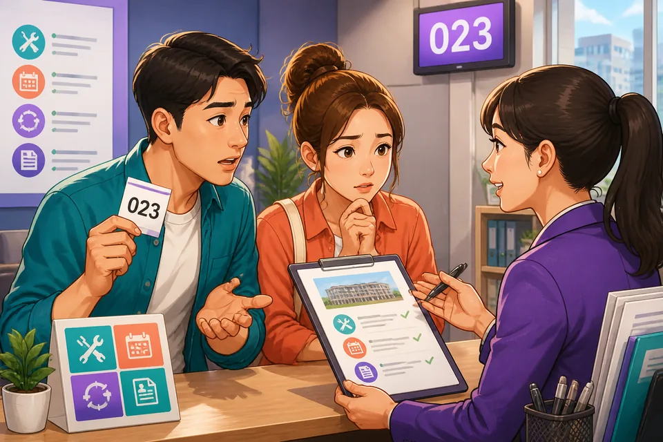 A learner asking an agent in Japanese about application documents, fees, and payment options for an apartment.