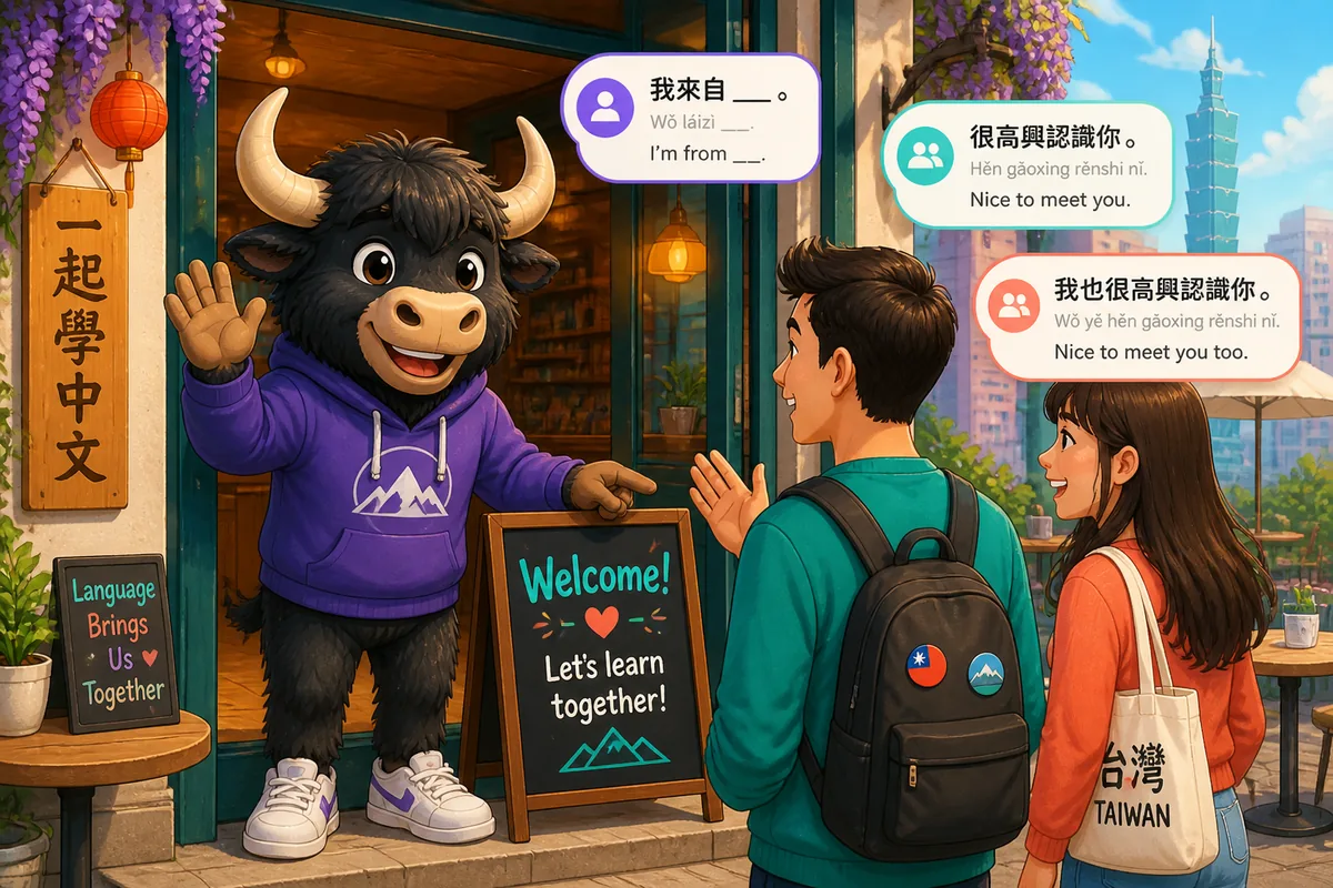 Two people politely introducing themselves in Japanese at a small welcome event; the scene represents meeting new people and introductions.