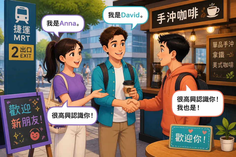 Anna and David exchanging polite greetings, asking where each other is from and whether they're new here; shows natural Japanese meeting phrases.