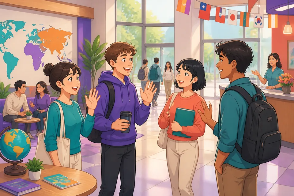 A friendly meetup in a bright room where someone says はじめまして and begins a self-introduction; includes Japanese introduction phrases.