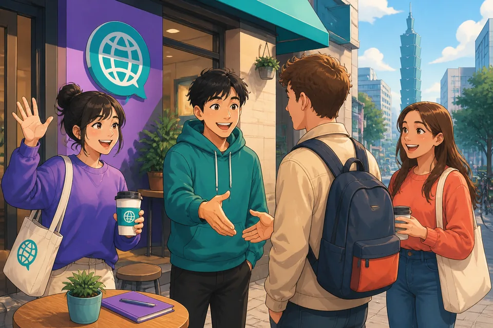 A casual meetup space in Japan where people ask 'この辺に住んでいますか' and introduce themselves.