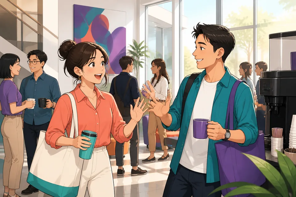 Anna and David stand by the coffee machine, using polite Japanese small talk about being busy and weekend plans.