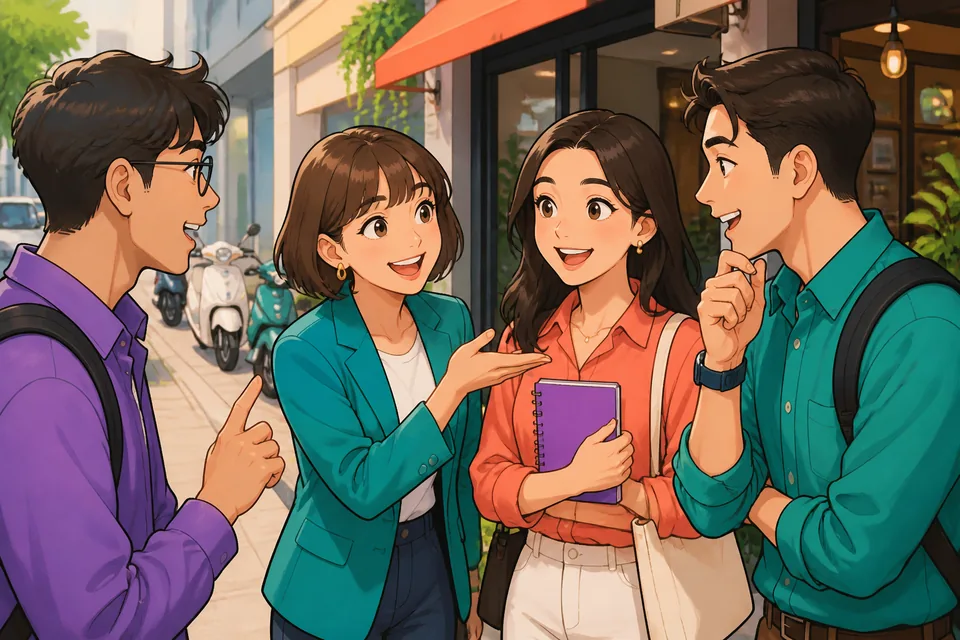 A bright office break area where a teammate asks if it’s always this busy — workplace small talk in Japanese.