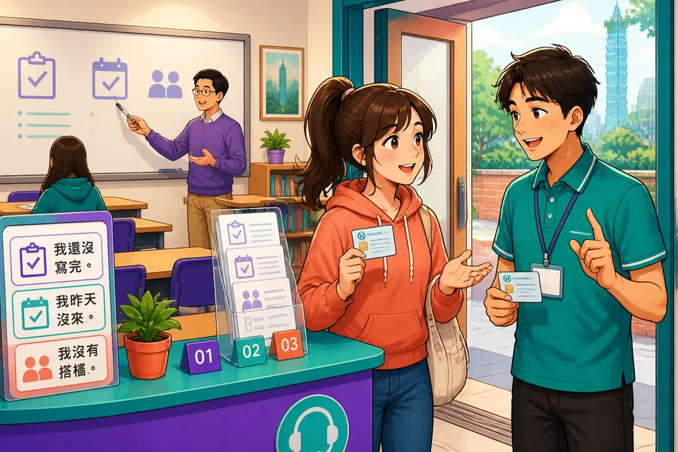 Two students talking quietly at their desks while the teacher listens; the scene shows natural classroom problem-solving in Japanese.