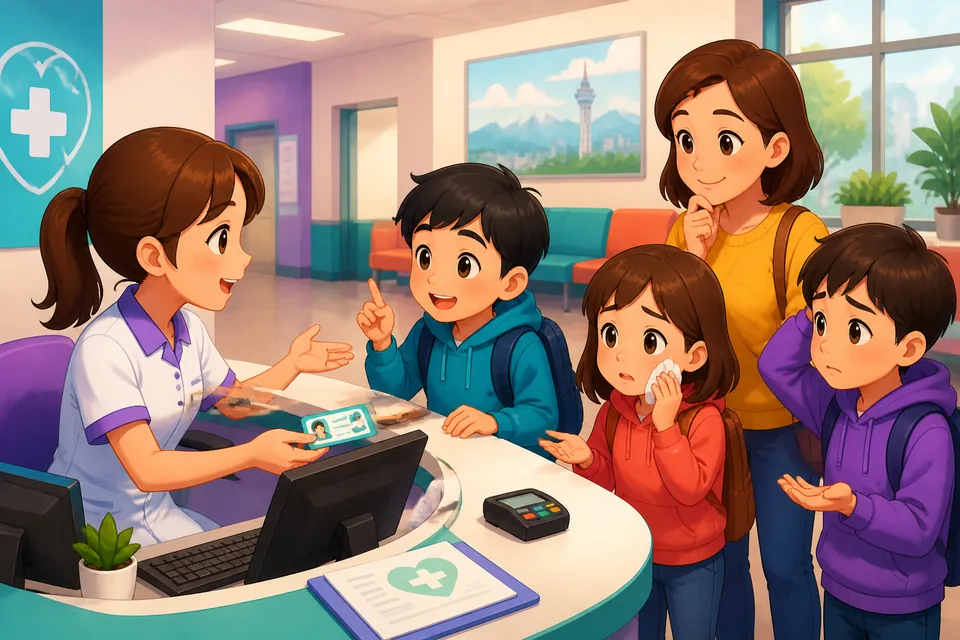 Students in a bright classroom speaking to the teacher, practicing polite Japanese phrases like asking to borrow items and saying they missed class.