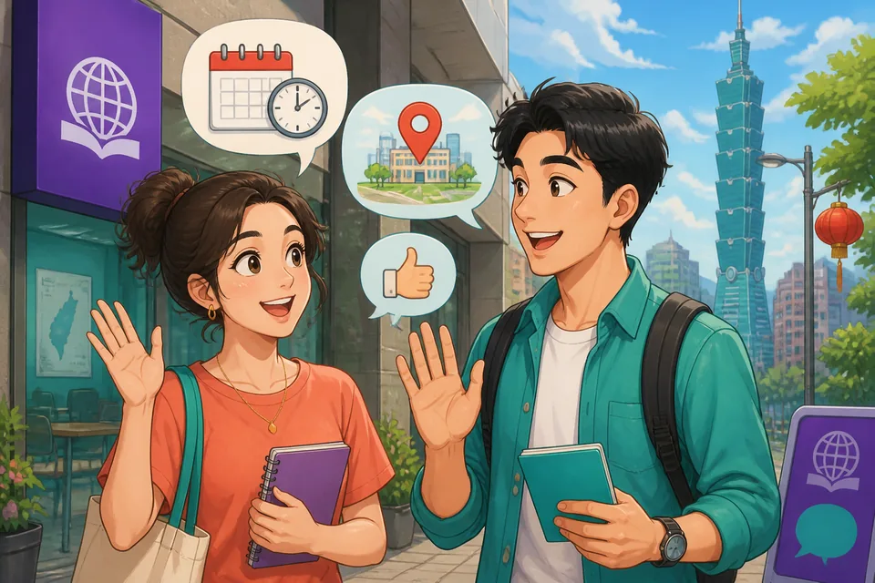 Anna and David discussing where and when to meet in Japanese, showing polite plan-making phrases.