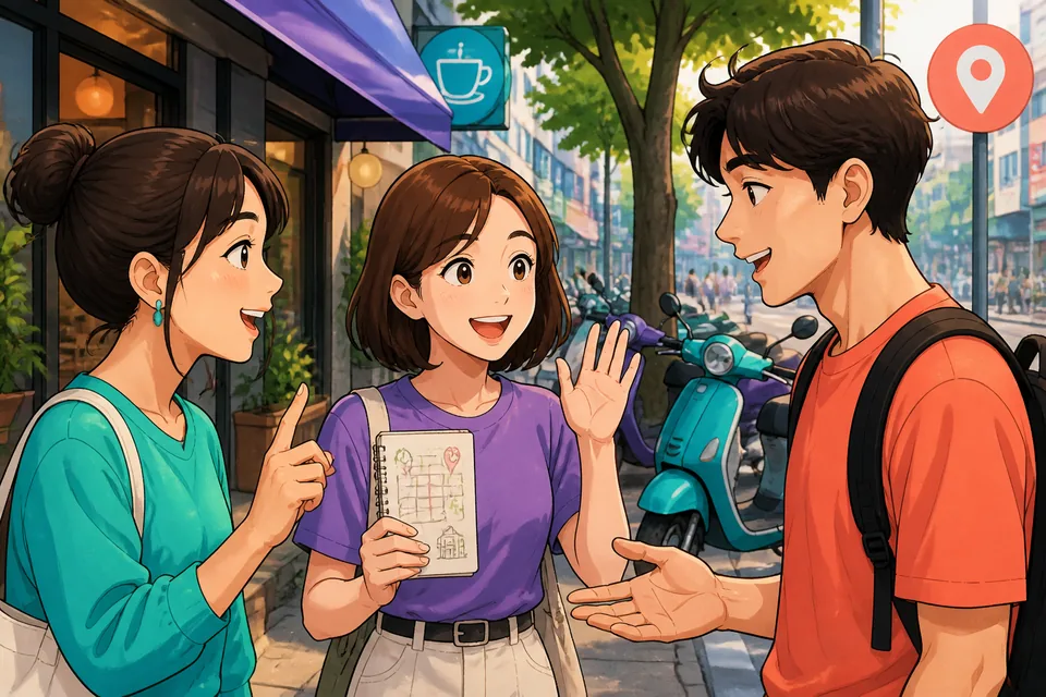 A friendly daytime scene near a station with Japanese phrases for meeting times and locations — lesson about making plans.