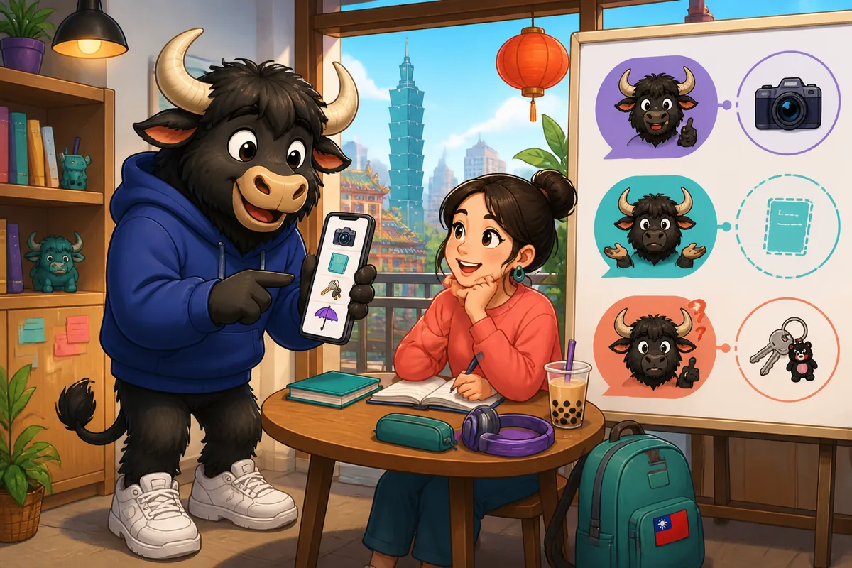 A friendly scene showing two people checking a lost bag in Japanese, illustrating possession phrases like 'これはあなたのですか？'.