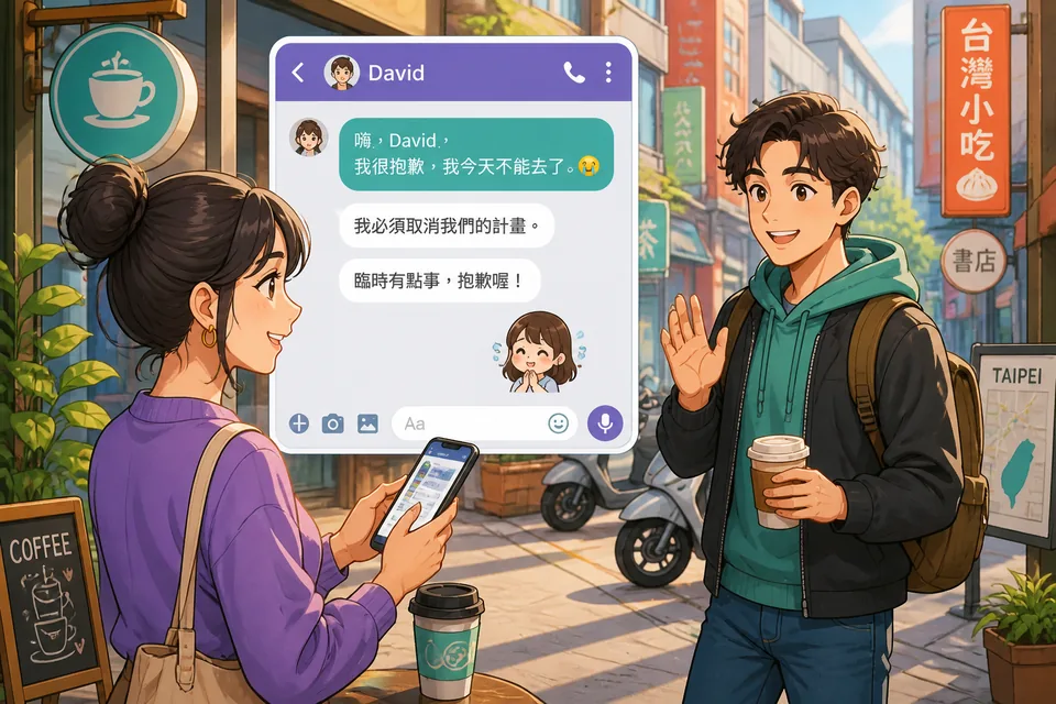Anna and David talking over coffee as one apologizes and suggests another day in Japanese, illustrating real rescheduling language.