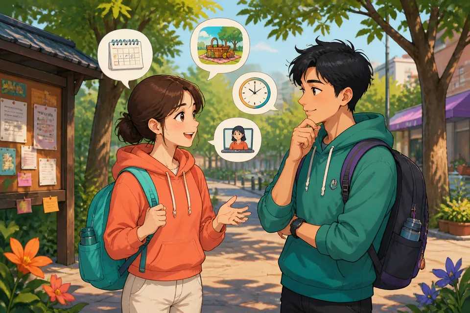 Anna and David talking at a table while checking calendars, illustrating polite Japanese phrases for delays and alternative days.