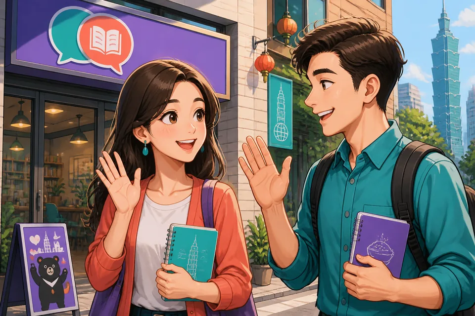 Anna and David talking near a train station bench, using polite and casual weekend phrases in Japanese.