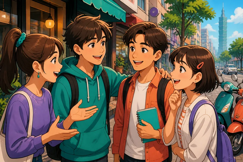 A sunny street scene with people going to a park and to a movie theater — visuals for talking about weekend activities in Japanese.