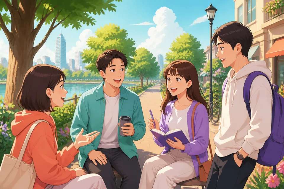A sunny park and a small living room scene illustrating going out because of good weather and watching movies at home — Japanese weekend phrases.
