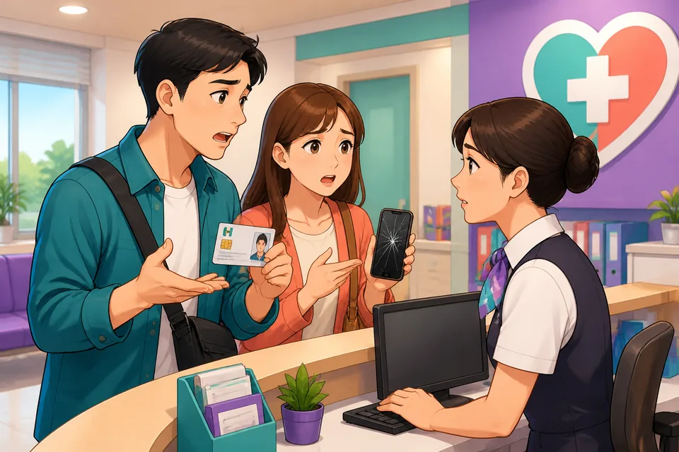 A cozy help counter scene in Japan where someone describes that an email or device didn't arrive or work; shows polite interaction and a tablet with a warning message.