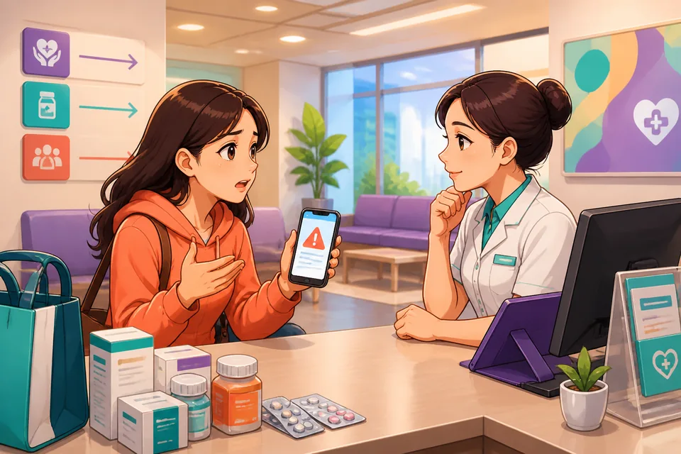 Close-up of a support chat and a person demonstrating a screen — illustrating showing the problem and asking for a fix in Japanese.