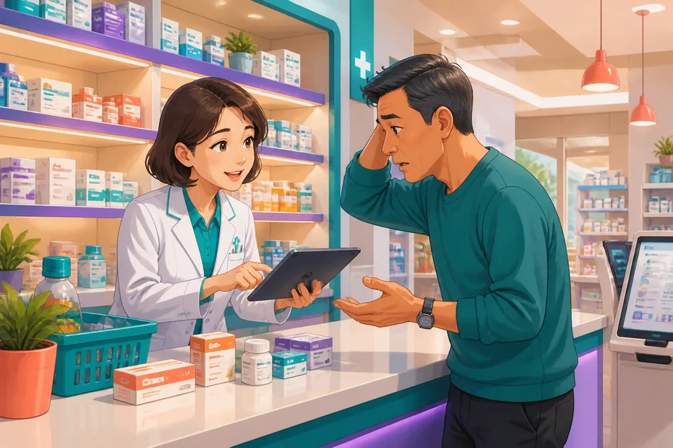 Two colleagues talking beside a monitor; the scene shows polite Japanese phrases for reporting errors and asking for fixes.