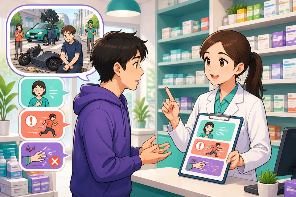 Two people speaking in Japanese near a minor accident, one pointing to an injured area — scene for the lesson dialogue.