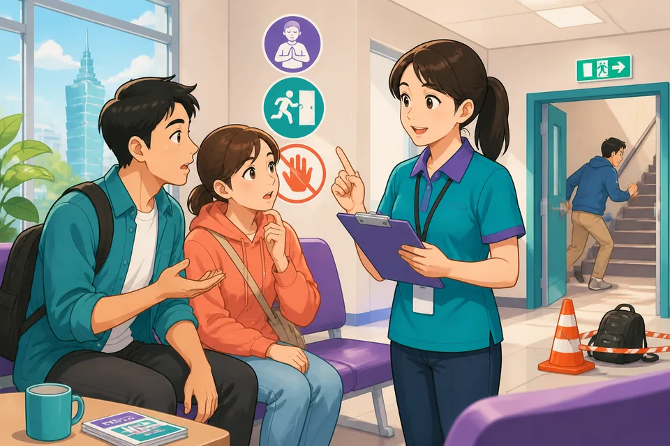 A crowded street where someone calls for help and asks people to evacuate in Japanese — visual for emergencies lesson.