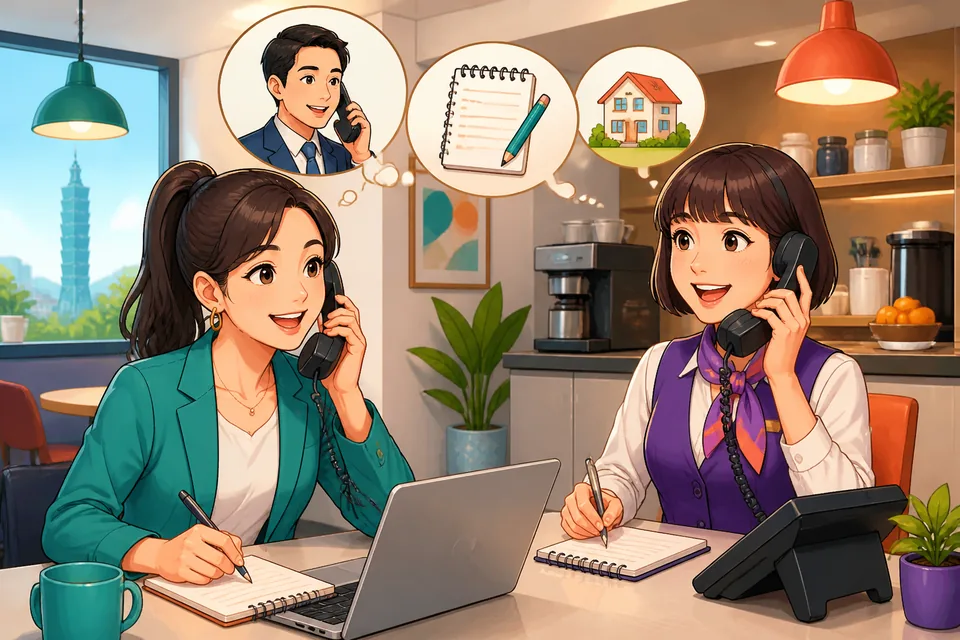 Two people on a short phone call: one asking for a colleague and the other offering to take a message in polite Japanese.