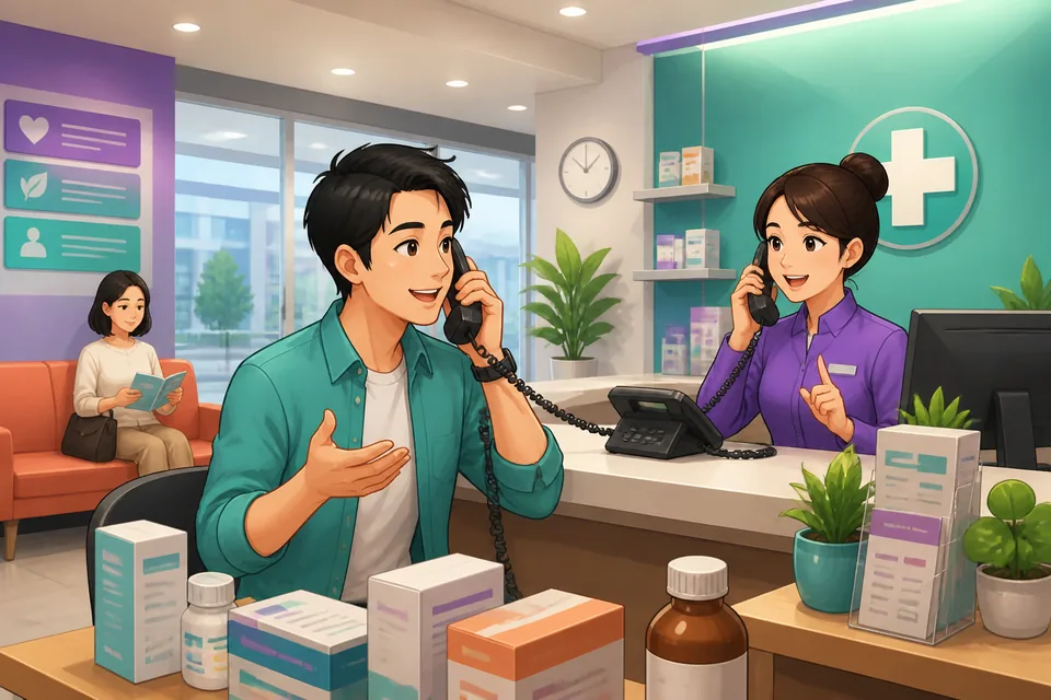 A short office phone scene in Japanese with a caller and receptionist exchanging polite phrases about when someone will return and leaving a voicemail.