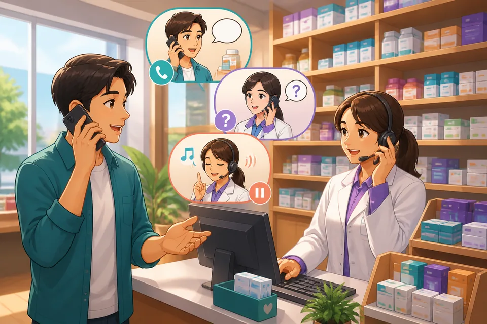 Two people on a phone call about an estimate (見積もりの件); one person politely asks to hold and confirms a message.