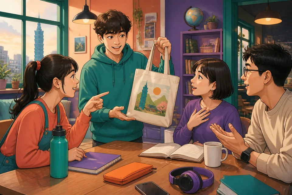 A table with several objects (umbrella, books, pen) and people asking in Japanese about ownership — lesson on possession.