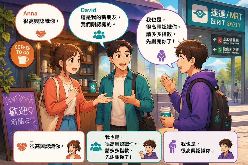 Anna and David politely introducing themselves, thanking coworkers, and saying お先に失礼します as someone leaves an office meeting.