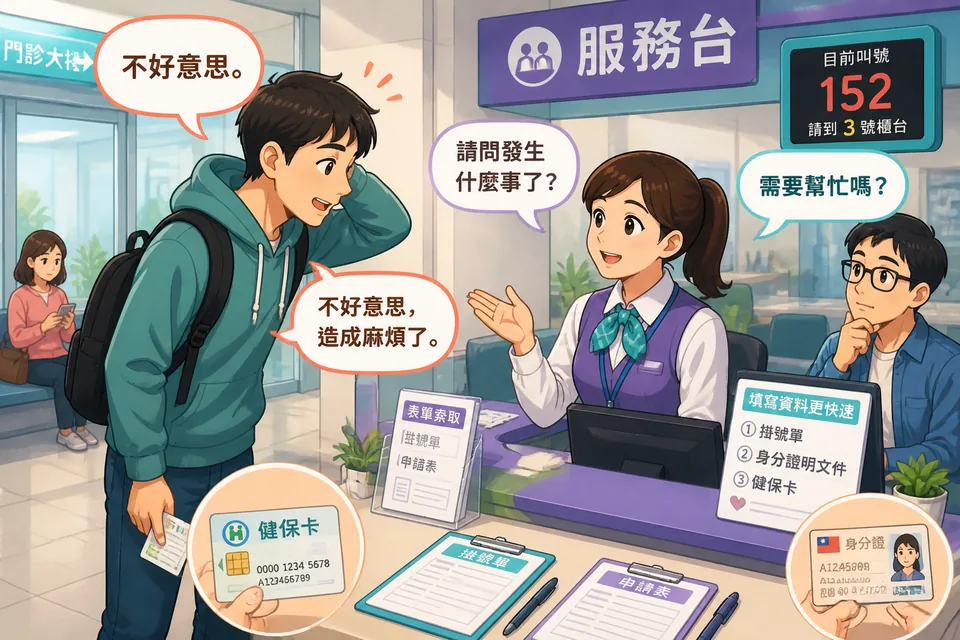 Two people near a meeting table: one apologizes and the other says 先にどうぞ (Saki ni dōzo) to let them sit first.