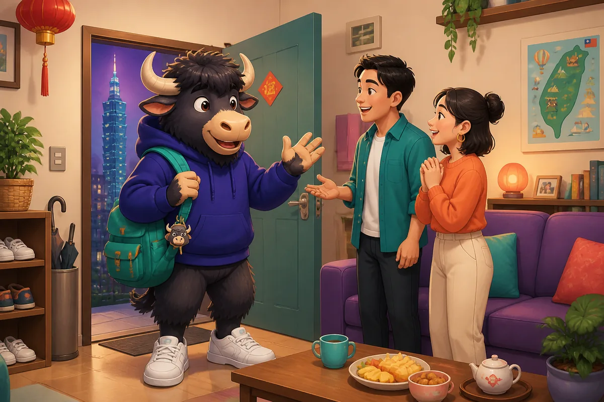 A friendly scene at a Japanese home entrance with a guest saying a polite visiting phrase in Japanese; topic: visiting and polite phrases.