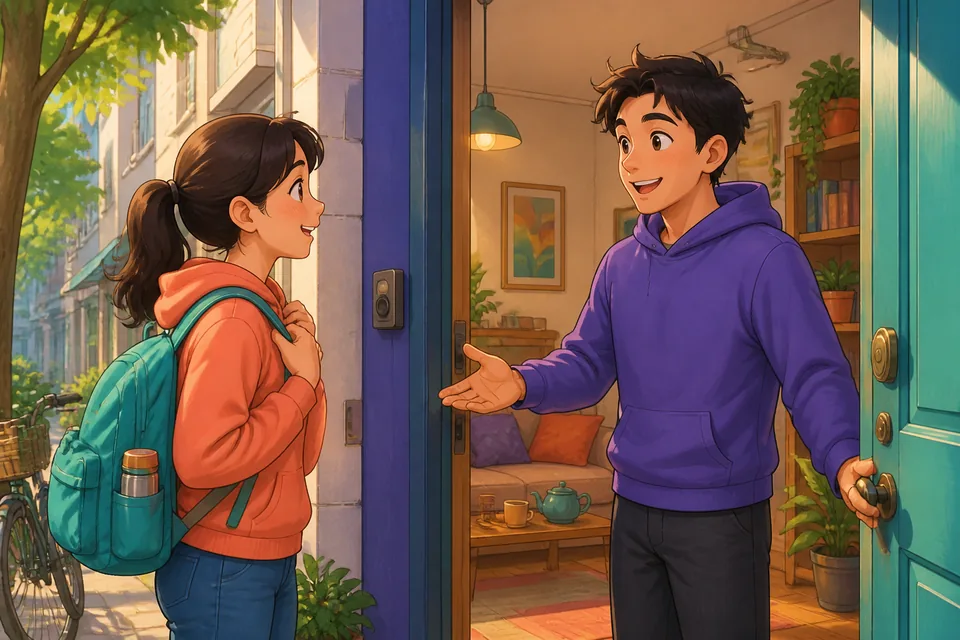 Two people talking in a Japanese living room as the guest prepares to leave and says お邪魔しました; gentle evening light.