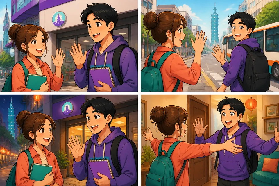 Anna leaving and later returning at the front door: quick, warm exchanges of いってきます, いってらっしゃい, ただいま, and お帰りなさい.